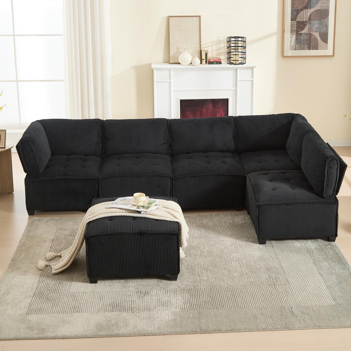 WOHNLANDSCHAFT Cord mit Seitentaschen 308/154/82 cm Schwarz - Schwarz, Kunststoff/Textil (154/82/308cm) - Redom