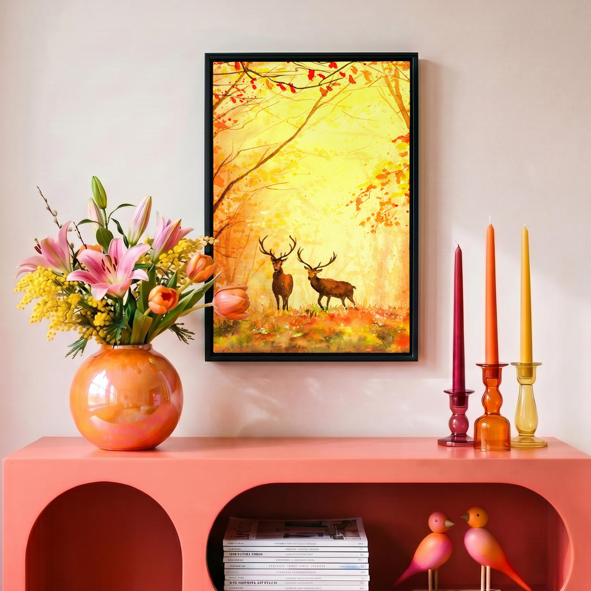 LEINWAND Bilder mit Rahmen - Natur - Ölfarbe - Hirsche - Tiere - Herbst - Orange - 20x30 - Orange, Textil (20/30cm) - MuchoWow