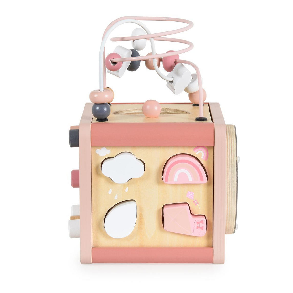 MOTORIKSPIELZEUG Aktivitätswürfel W11B316 rosa Holz, Sortierspiel, Xylophon, Labyrinth, Motorik, vier Spielseiten - Rosa, Holz (15/25/15cm) - Moni