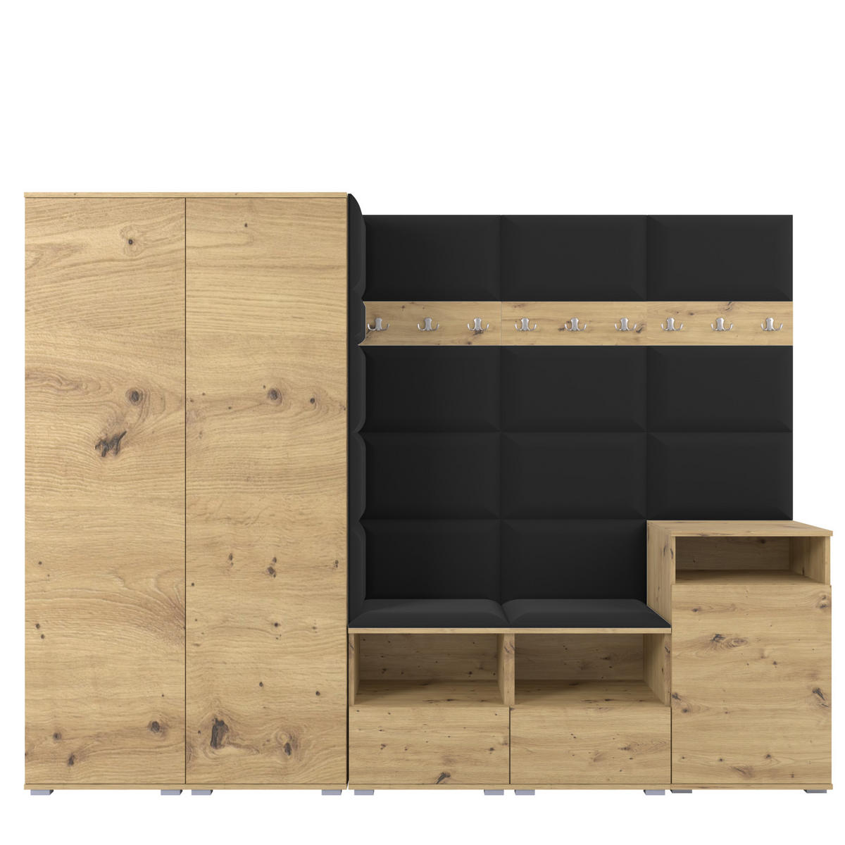 GARDEROBE NELA VIII 250 cm (Modulare Flurmöbel Artisan Eiche mit Sitzpolster Schwarz 16 2 Schränke + Sideboard) - Silberfarben/Schwarz, Holz/Holzwerkstoff (250/187/40cm) - Ravio