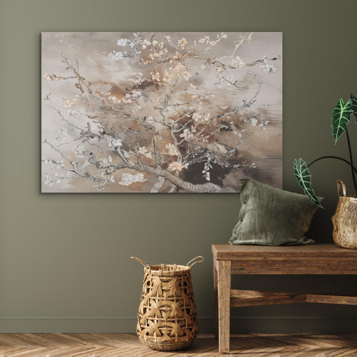 AKUSTIKPANEEL Mandelblüte - Kunst - Van Gogh - Beige - Abstrakt 100x70 cm - Braun, Textil (100/0.9cm) - MuchoWow
