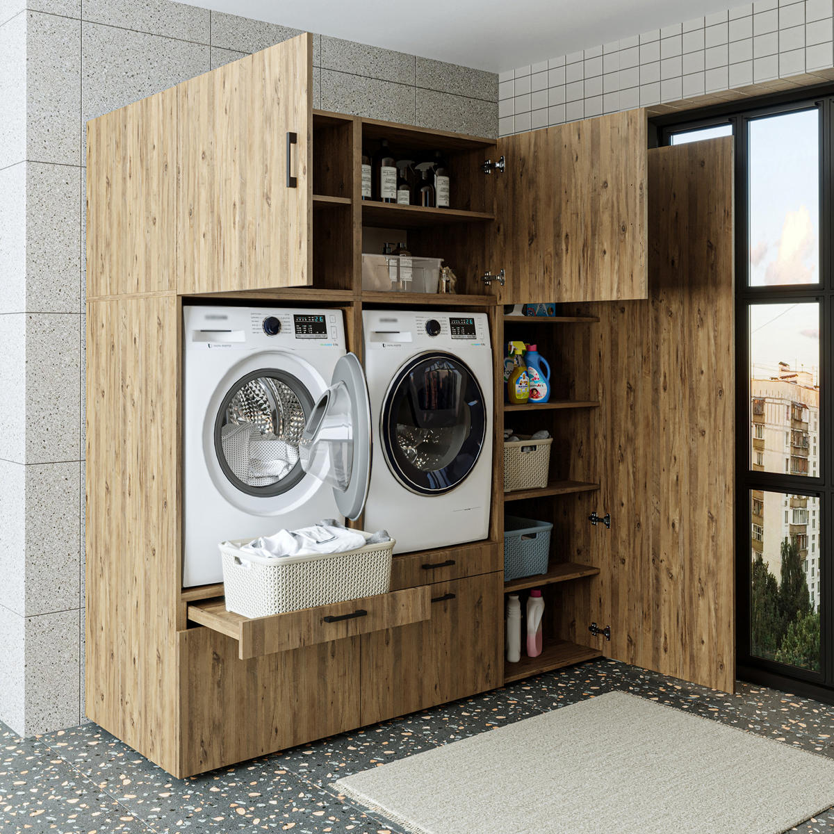 WASCHMASCHINENSCHRANK Serie 2 194cm Breit, 205cm Hoch - Eichefarben, Holzwerkstoff (194/205/67cm)