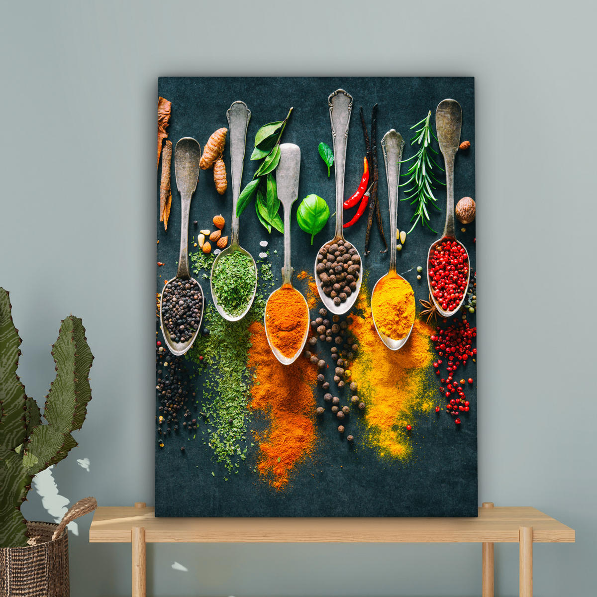 LEINWANDBILD Kräuter - Gewürze - Löffel Wandbild Wohnzimmer 60x80 cm - Currygelb, Textil (60/80cm) - MuchoWow