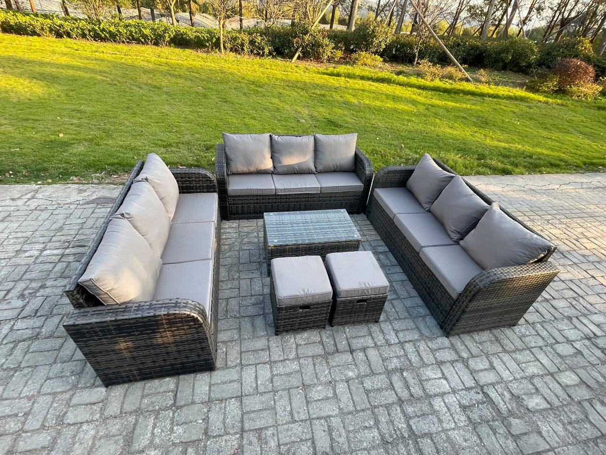 GARTENMÖBELGARNITUR mit KISSEN Polyrattan Dunkelgrau 11-Sitzer - Dunkelgrau/Grau, Glas/Kunststoff - Fimous