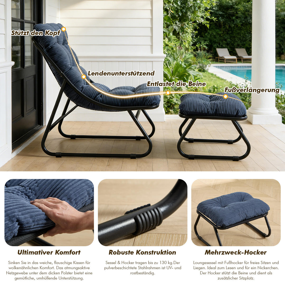 SESSELSET, Relaxsessel mit Hocker,Stahlrahmen,Cord,Blau - Blau, Metall (78/86/65cm) - LVHOM