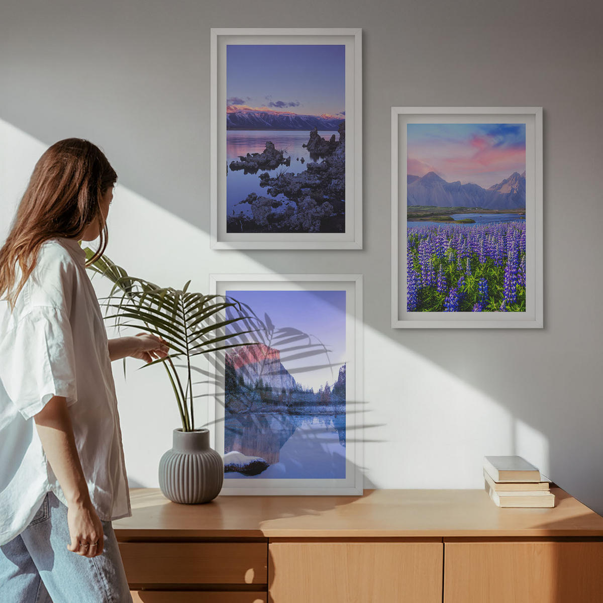 BILDER SET 3er Set - 40x60 cm Weißer Rahmen - Berglandschaften mit Wasser und Himmel - Weiß, Kunststoff (40/60cm) - TULUP