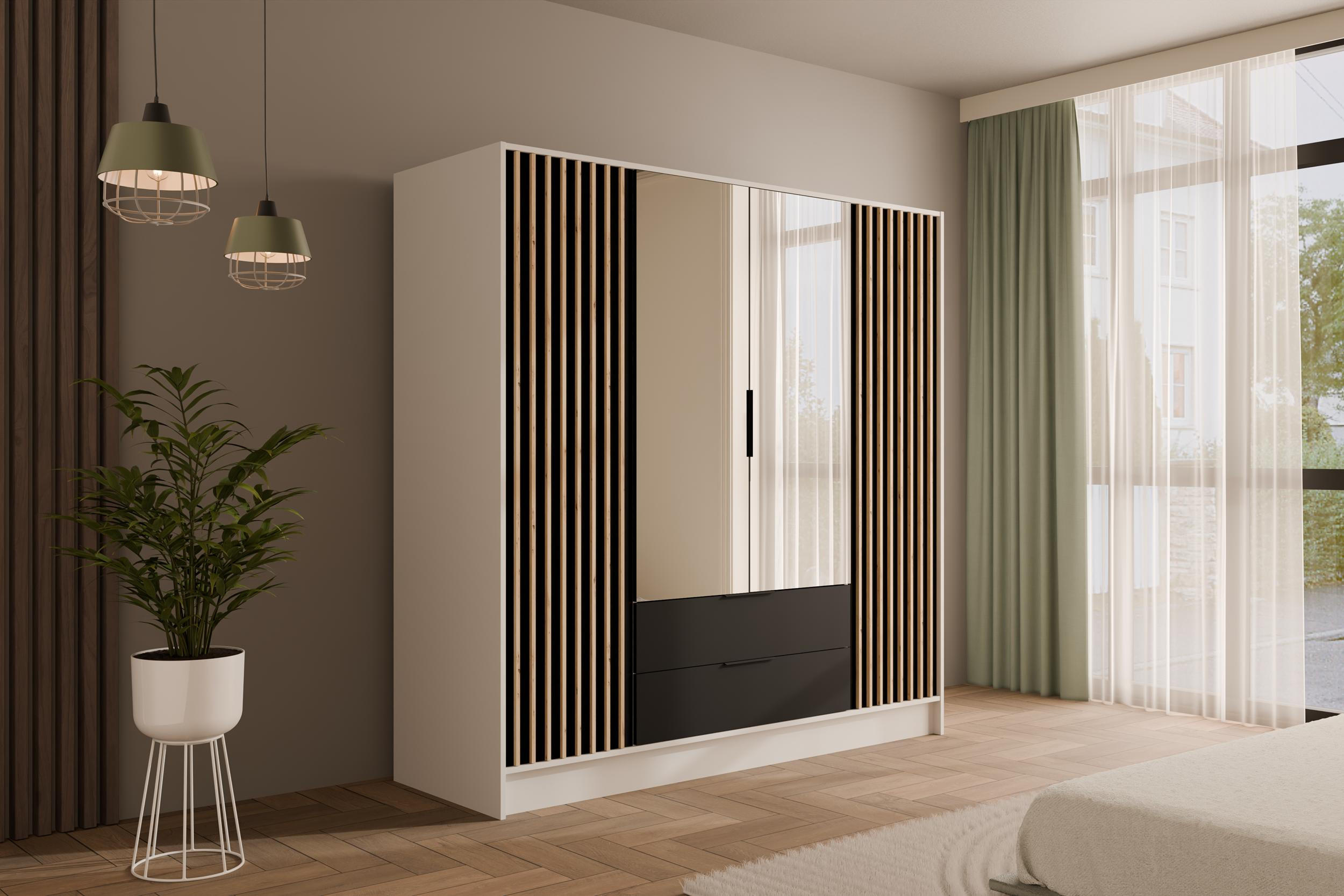 KLEIDERSCHRANK NELIA - 200 cm - Schwarz/Weiß, Holzwerkstoff (200/200/51cm) - ALTDECOR