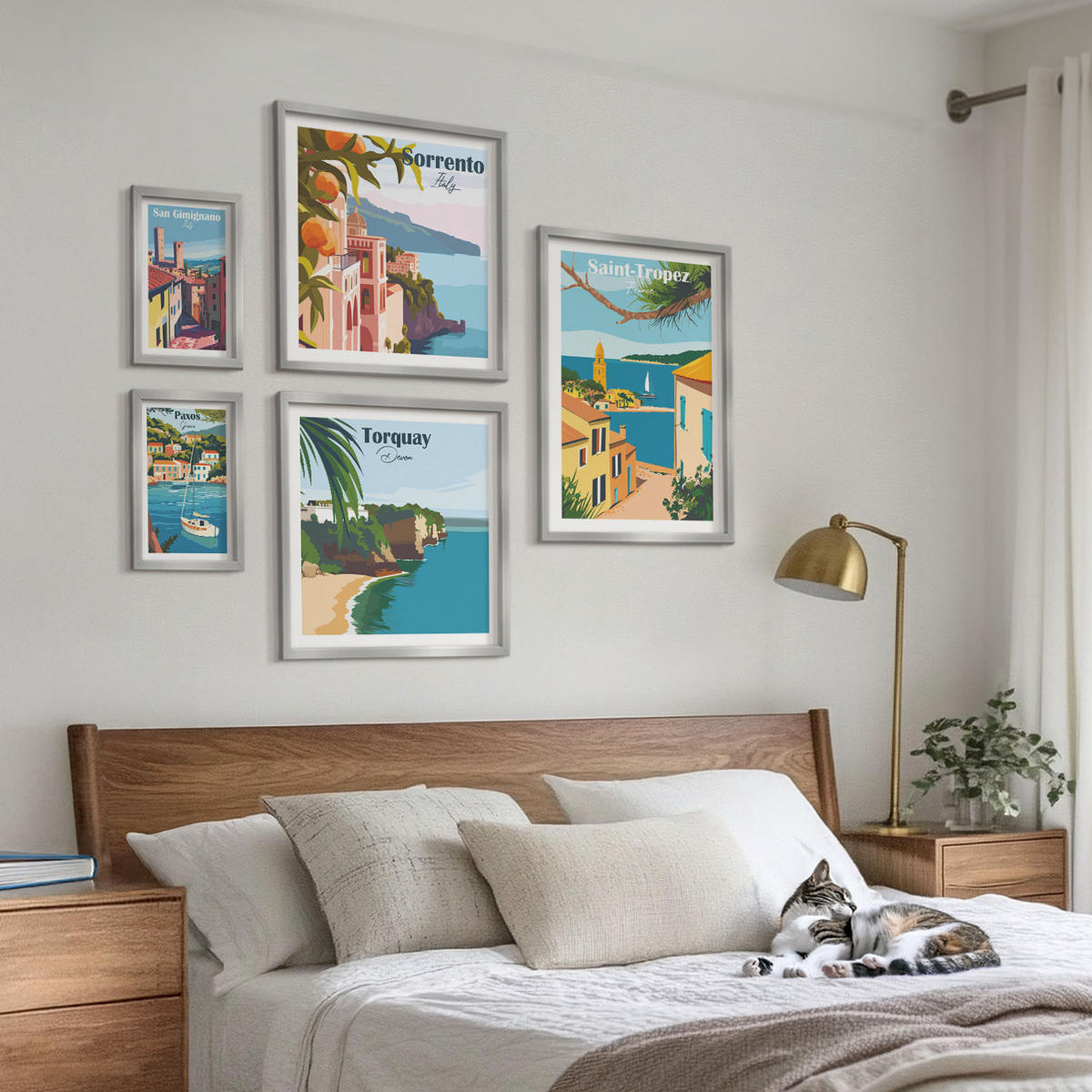 WANDBILDER 5er Set - 50x50 cm & 20x30 cm & 40x60 cm Silberner Rahmen - Retro-Illustrationen von Weltstädten - Silberfarben, Kunststoff (40/60cm) - ArtPrintCave