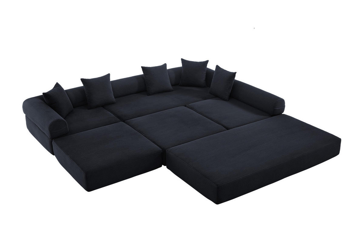 MODULSOFA 270/180/64 cm aus Cord mit Schlaffunktion und Stauraumtasche Schwarz - Schwarz, Textil (180/64/270cm) - Modenvie