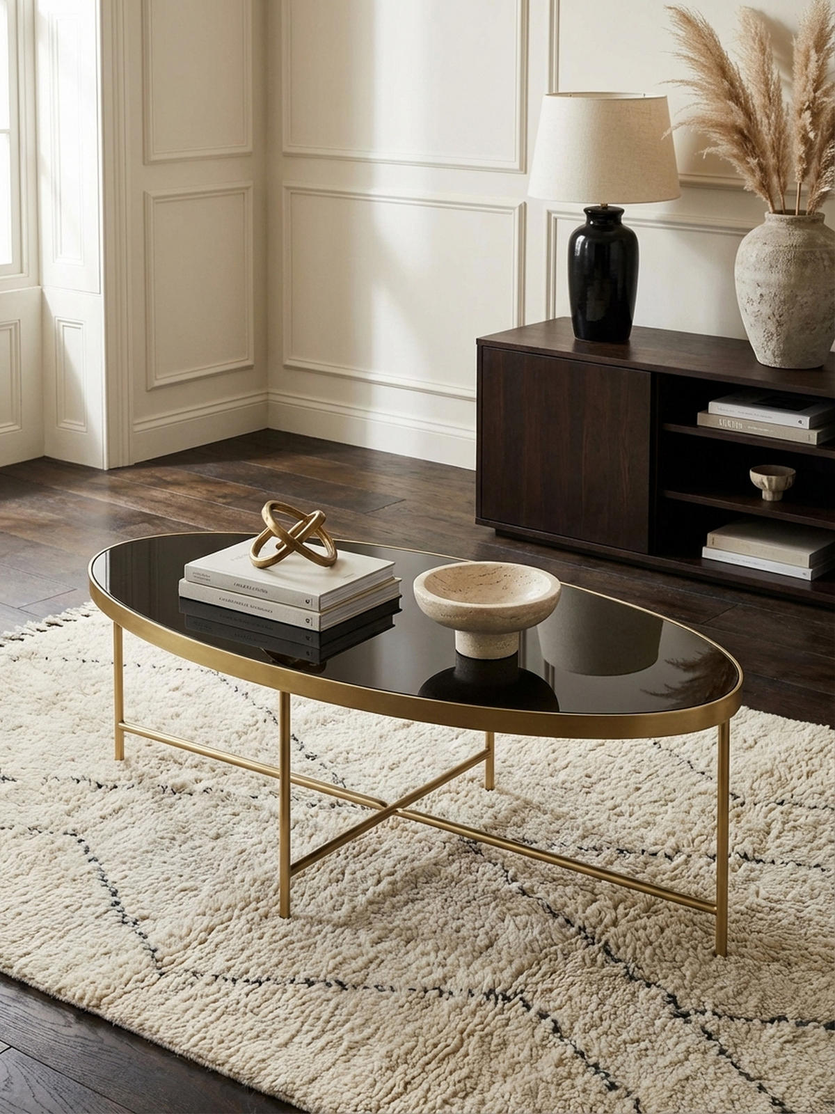 COUCHTISCH Oval in Schwarz/Gold, Glasplatte mit filigranem Metallgestell, Maße 110x56 cm - Goldfarben, Glas/Metall (56/110/40cm) - KADIMA DESIGN