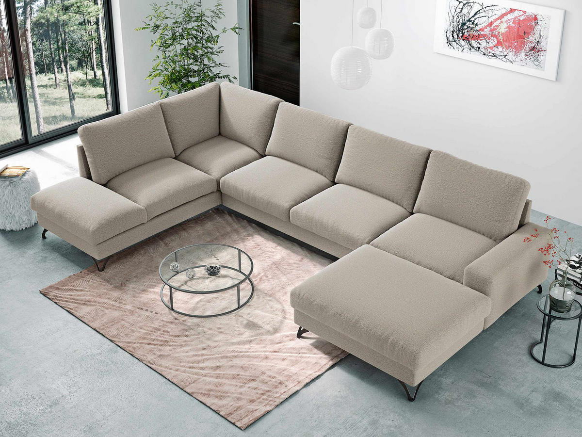 WOHNLANDSCHAFT Flavio U, Seite: Rechts - L3F+L2F+R1F - Beige/Schwarz, Holz/Textil (367/91/214cm) - MIRJAN24