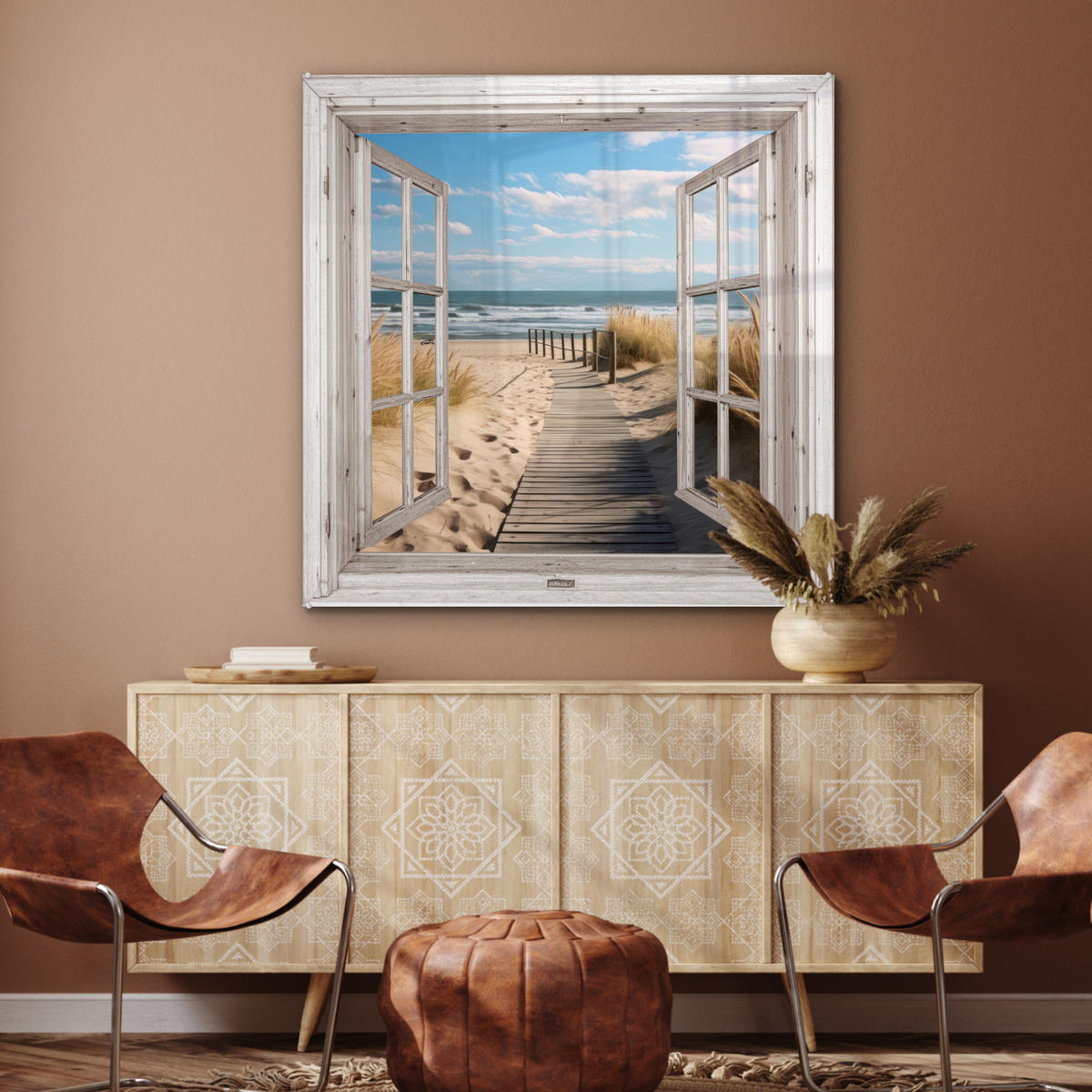 ACRYLGLASBILD Fenster - Meer - Küste - Natur - Ausblick - Strand - Wattenmeer 90x90 cm - Beige, Glas (90/90cm) - MuchoWow