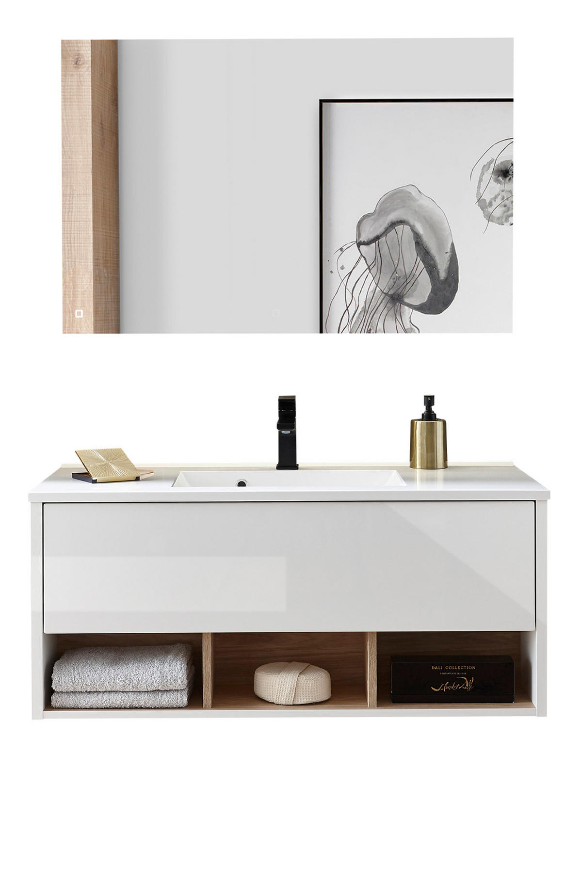 BADMÖBEL-SET weiß Hochglanz, Eiche 100 cm, Komplettset mit Waschbecken und LED Beleuchtung - Weiß Hochglanz/Eichefarben, Glas/Holzwerkstoff (100/190/47cm) - Furn.Design