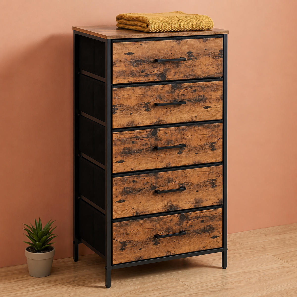 COMODĂ Negru 5 sertare - maro, compozit lemnos/material textil (45/94/30cm) - Relaxdays