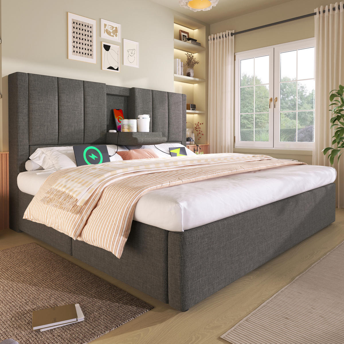 POLSTERBETT mit Stauraum und Ladestation 180x200 cm Leinen Grau - Grau, Metall (180/200cm) - Meubliv