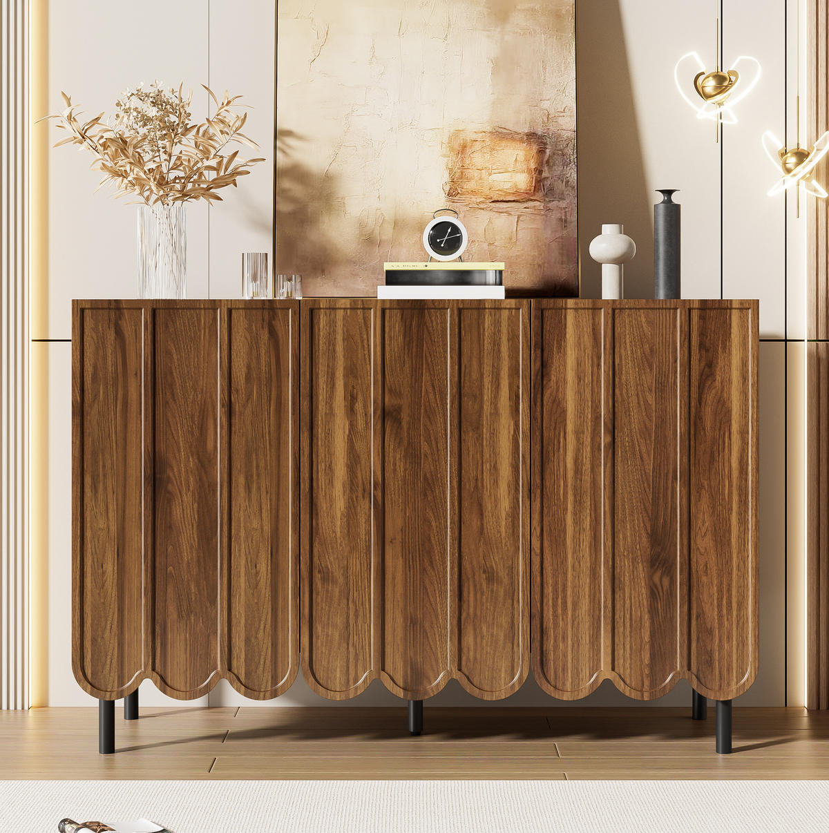 SIDEBOARD 120/35/80 cm aus MDF mit Wellentüren und griffloser Drucköffnung Walnussfarben - Naturfarben, Holzwerkstoff (35/80/120cm) - Modenvie