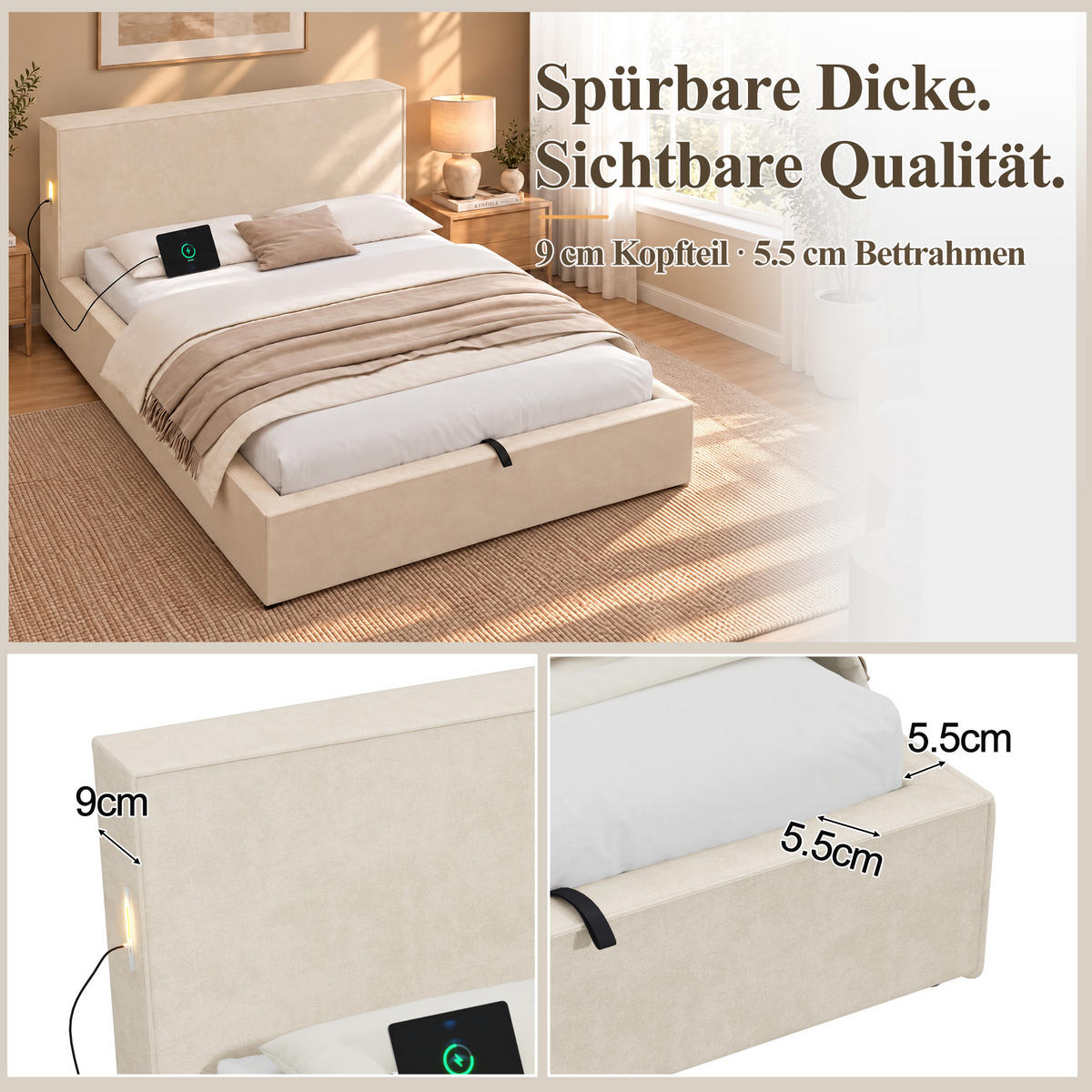 POLSTERBETT 120 x 200cm, Beige, Chenille, Stauraum - Beige, Textil (120/200cm) - FLIEKS