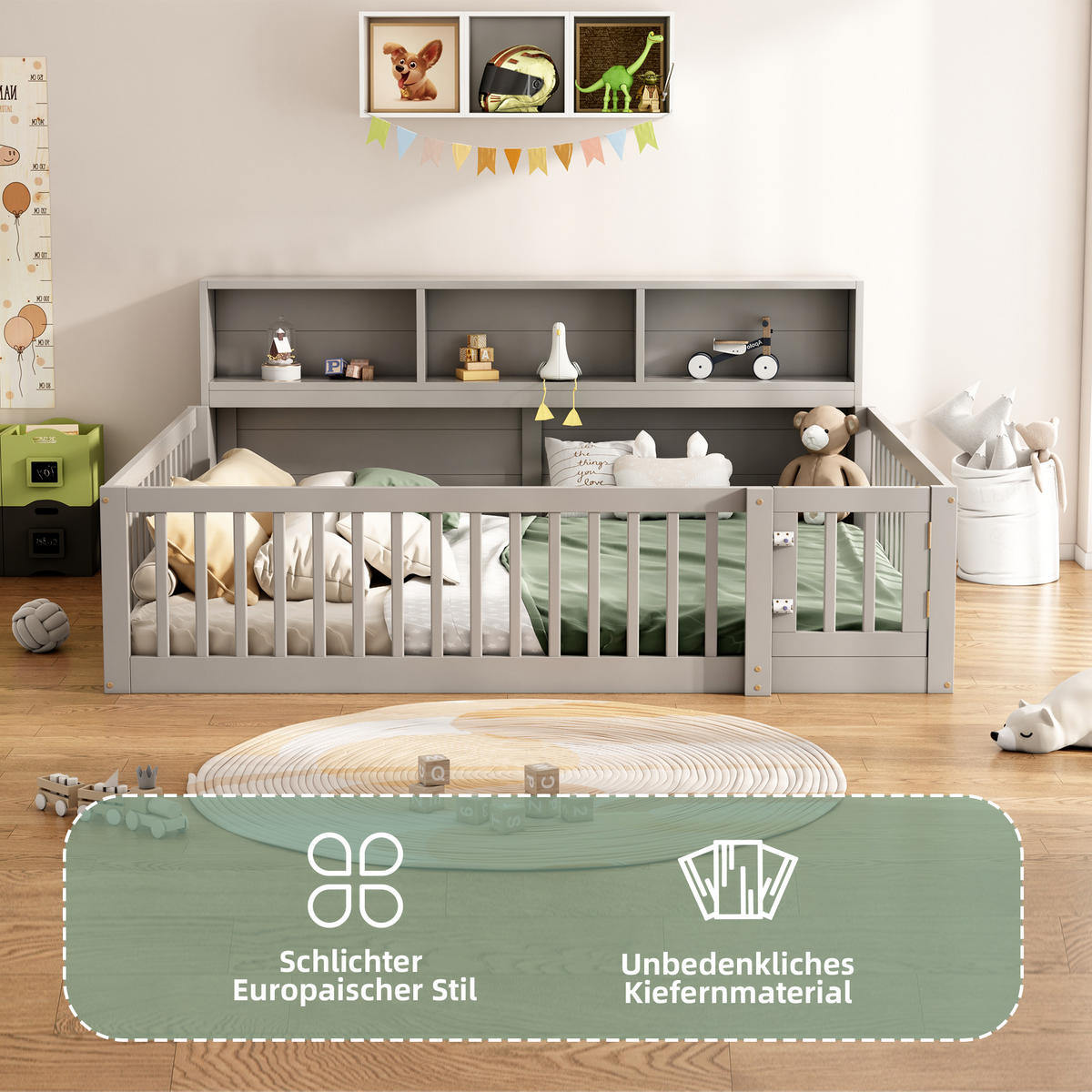 TAGEBETT 140x200cm Grau Kiefer Bettseite Staufach Brüstung - Grau, Holz (140/200cm) - FLIEKS