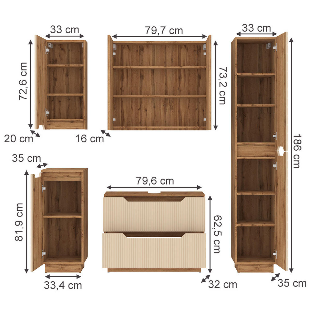 BADMÖBEL-SET Lotta Eiche/Kaschmir gestreift 5 Teile - Kaschmir, Holzwerkstoff (79.6/62.1/32cm) - Vicco