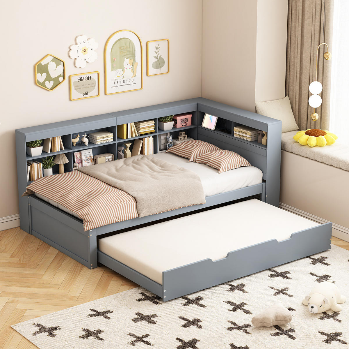 AUSZIEHBETT 90/200 cm mit Gästebett 90/190 cm, Grau, mit USB-Anschluss und Stauraum - Grau, Holz (90/200cm) - Flora Grace