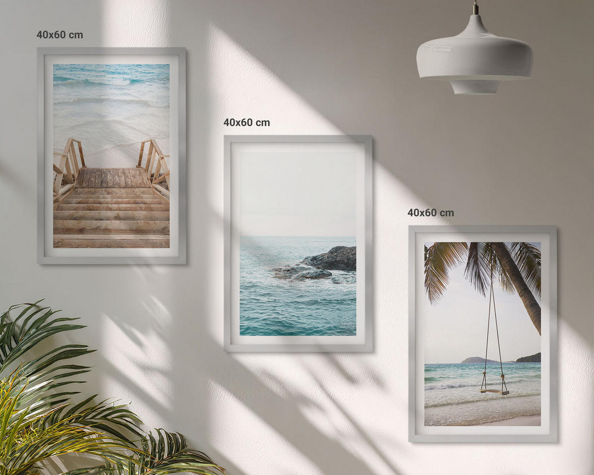 BILDER SET 3er Set - 40x60 cm Silberner Rahmen - Treppe Strand Meer Schaukel - Silberfarben, Kunststoff (40/60cm) - TULUP