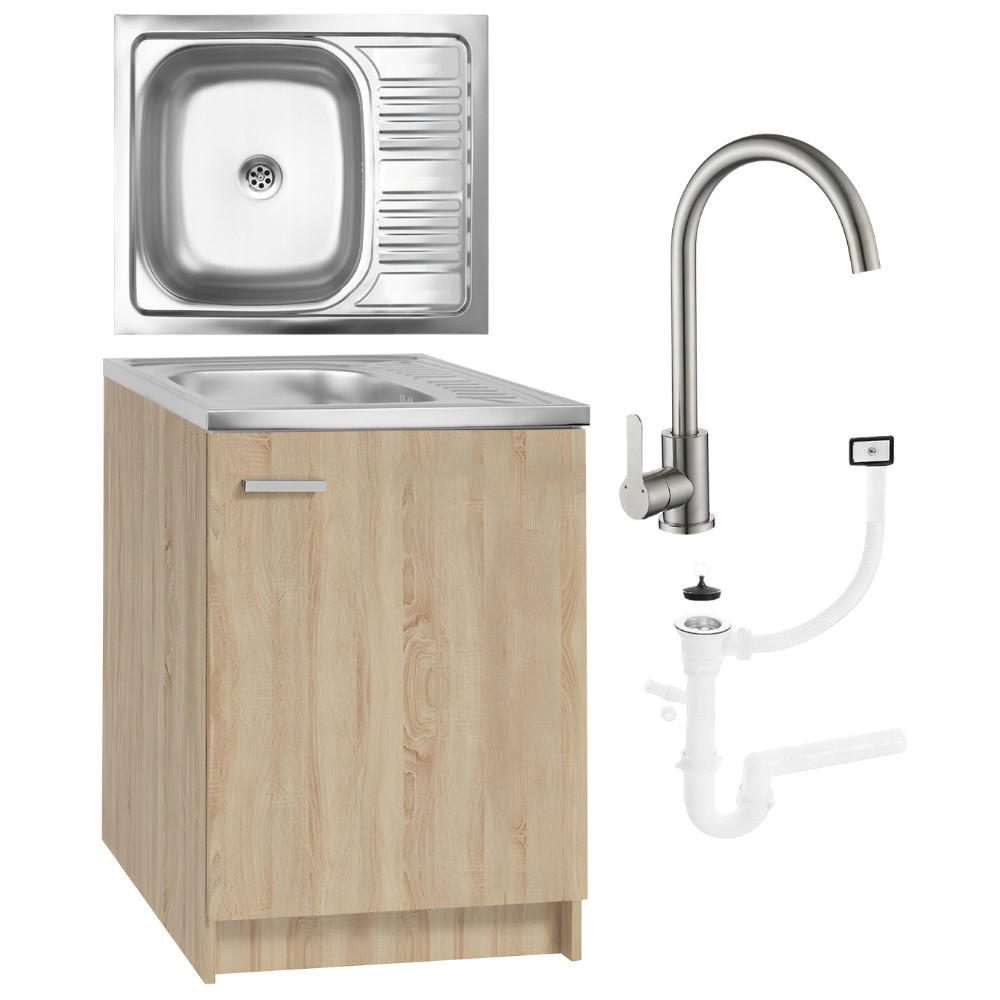 SPÜLUNTERSCHRANK 60cm mit Spüle + Armatur + Siphon Sonoma-Eiche - Sonoma Eiche, Holzwerkstoff (60/82/50cm) - Stamar