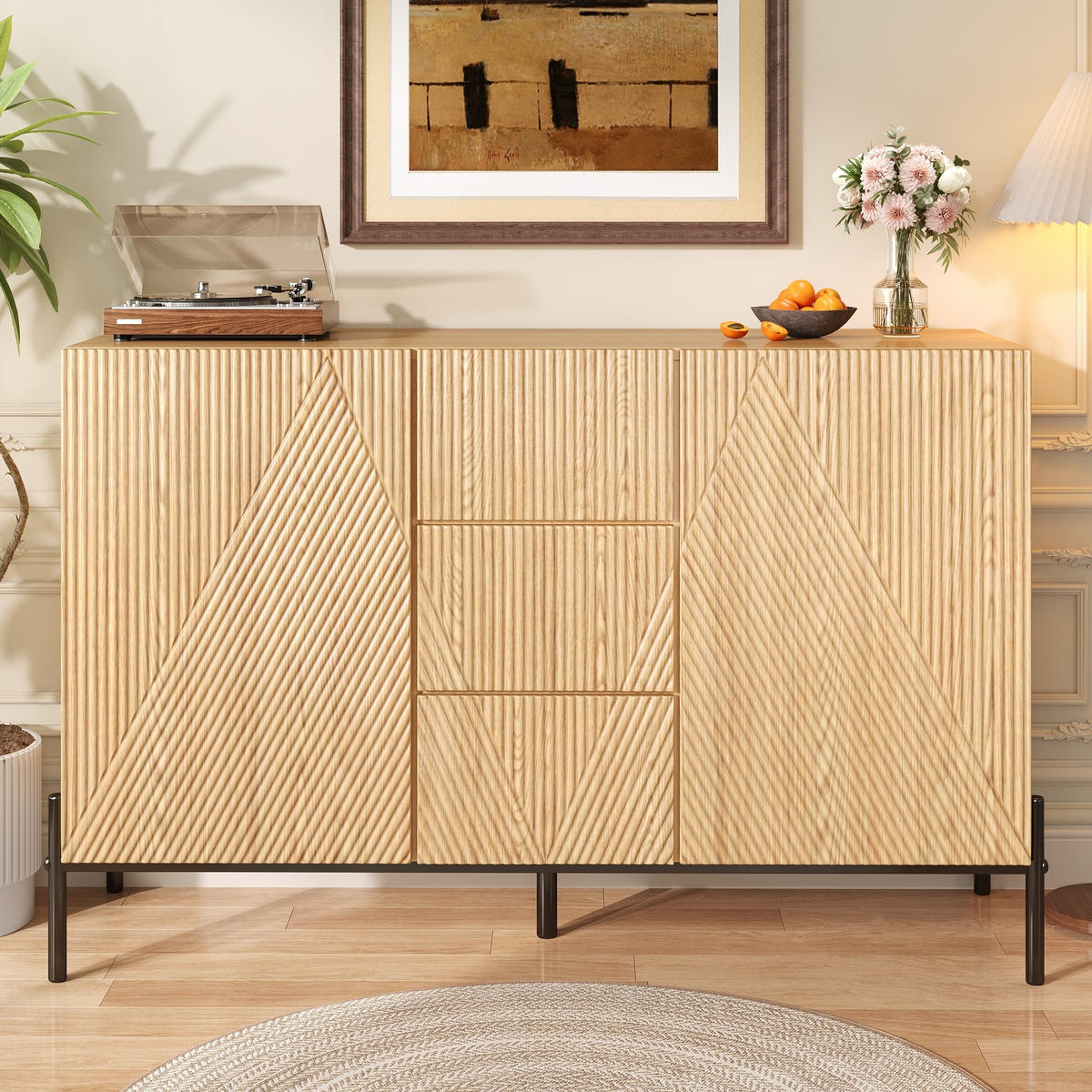 SIDEBOARD in Naturfarben Kommode mit geometrischer Struktur, Doppeltüren und Schublade für Esszimmer, B115.5/T40/H76cm - Schwarz/Naturfarben, Holzwerkstoff/Metall (115.5/76/40cm) - STILVORA