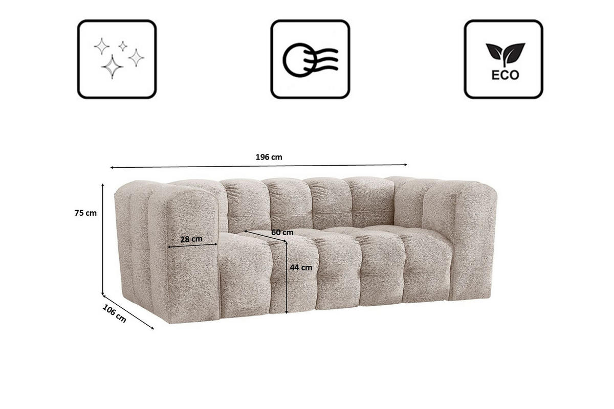 SOFA 2-Sitzer, Komfort, BALOO, stoff Schenille & Bouclé, Ecru - Ecru, Holz (196/75/106cm) - Kaiser Möbel