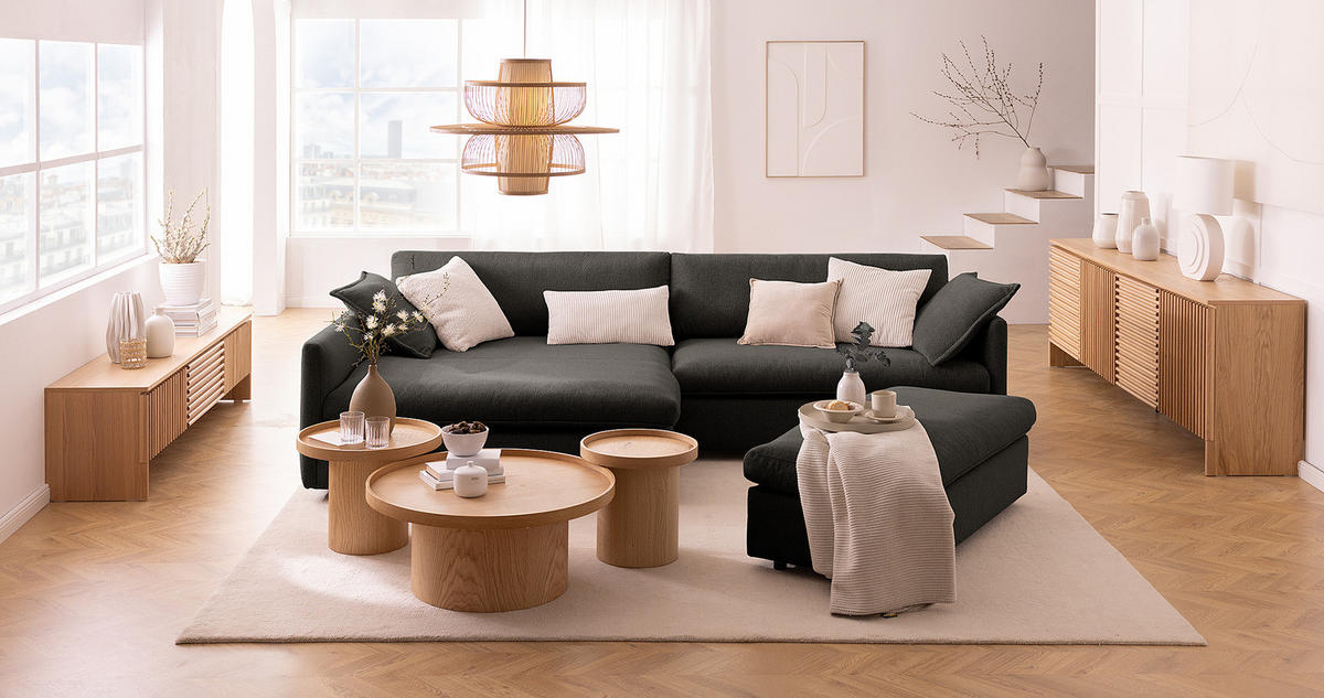 ECKSOFA mit Longchair - Anthrazit/Schwarz, Kunststoff/Textil (290/183cm) - home24