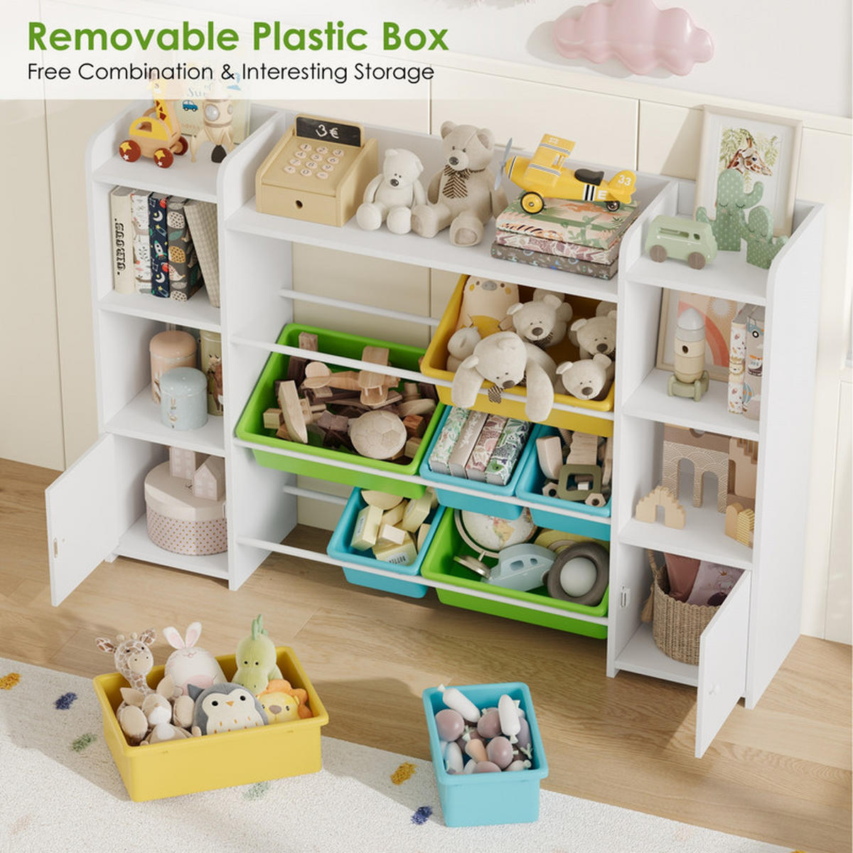 KINDERREGAL –Aufbewahrung für Spielzeug und Bücher, 138×29×94 cm, mit 8 Boxen und 9 Fächern - Weiß, Holz (29.6/94.3/138.8cm) - Kaket