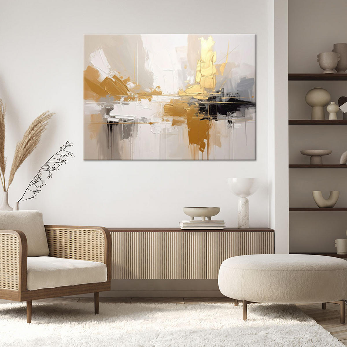 BILD auf Leinwand, Abstraktion in einer leuchtenden beigen Komposition - Weiß, Textil (120/80cm) - Feeby