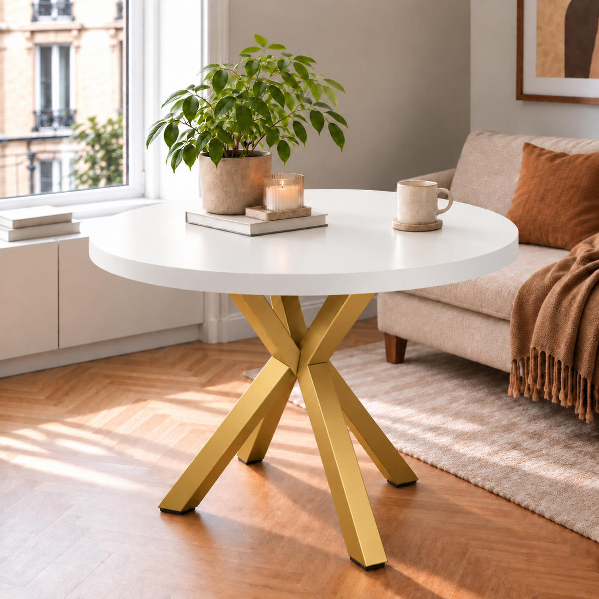 ESSTISCH rund ausziehbar 90/190/76 cm, Weiß, 54 cm Tischplatte + X Metallbeine Gold - Goldfarben/Weiß, Holzwerkstoff/Metall (90/190/76cm) - Damale Möbel