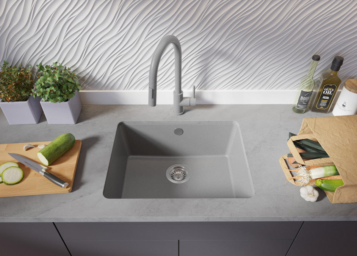 UNTERBAUSPÜLE GRANIT Venedig Easy, 2-er set Grau 56/44 cm 1 Becken + Ablauf-Set ab 60er Unterschrank - Chromfarben/Grau, Kunststoff (56/20/44cm) - Primagran