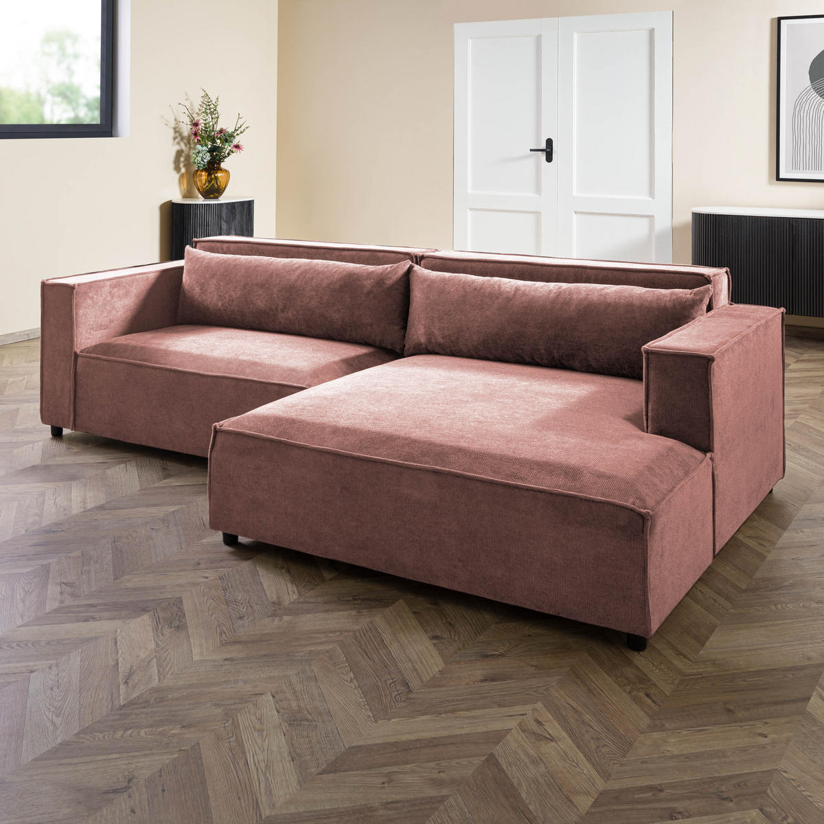 ECKSOFA Ottomane rechts Geflechtstoff 266x150x80 rosa FINN - Rosa, Textil (266/150cm) - Massivmoebel24
