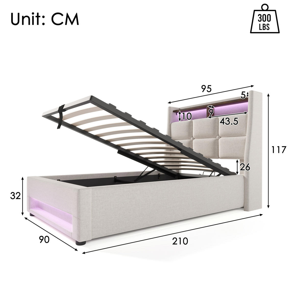 POLSTERBETT 90/200 cm Beige mit LED, USB und Stauraum - Beige, Textil (90/200cm) - Flora Grace