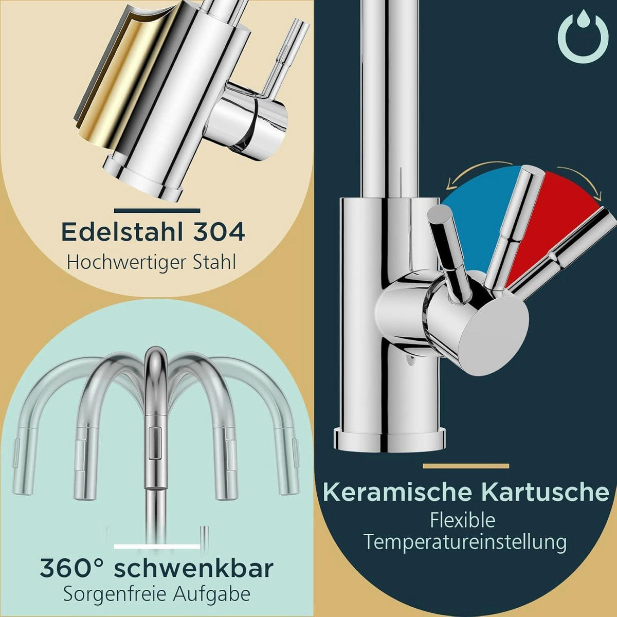 KÜCHENARMATUR mit hohem Bogen und ausziehbarer Brause, 360° schwenkbar, silber - Silberfarben, Metall (5/42.5/25cm)