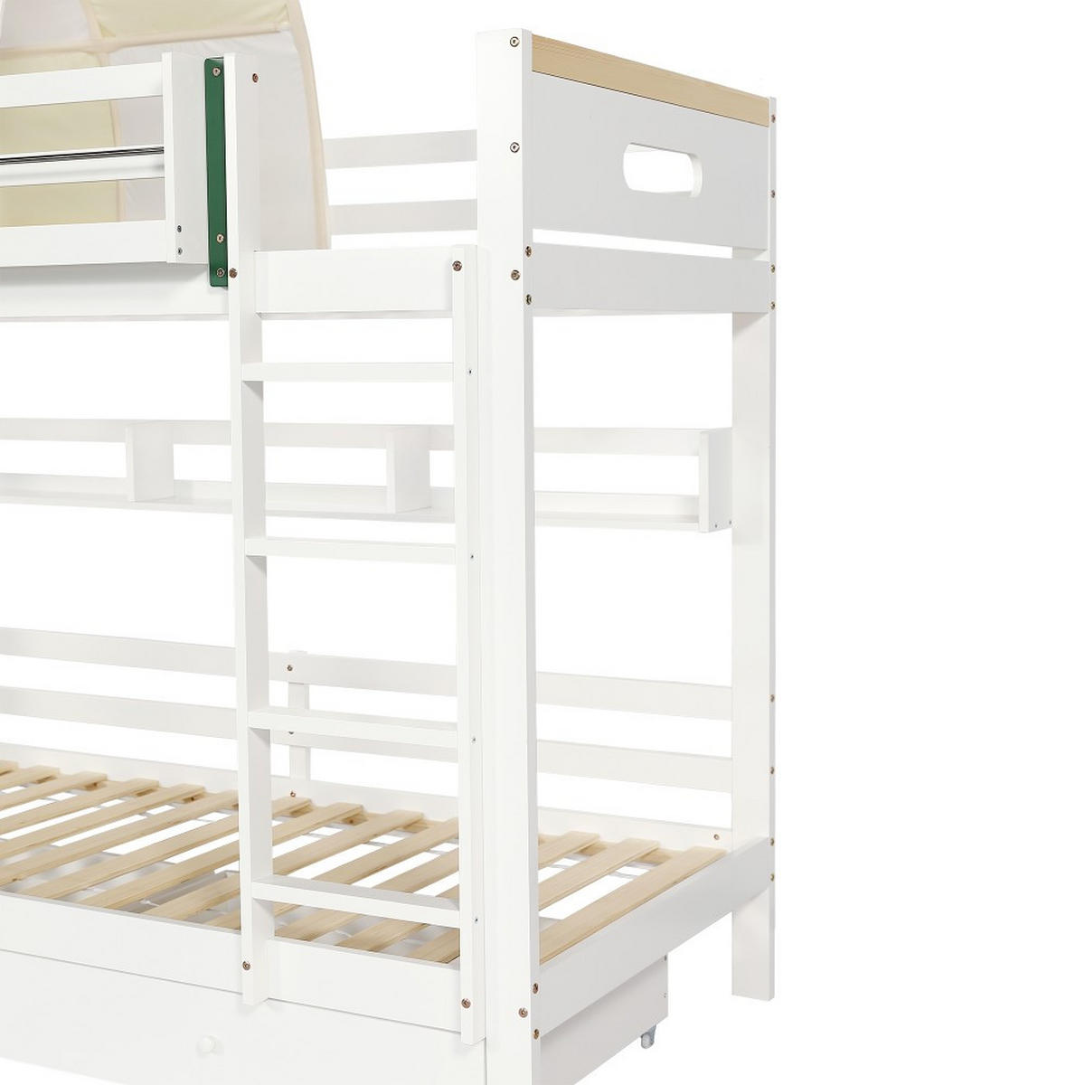 ETAGENBETT 90x200cm in Weiß+Gelb Grün，Zwei Schubladen mit Rollen - Weiß, Holz (90/200cm) - KOMHTOM