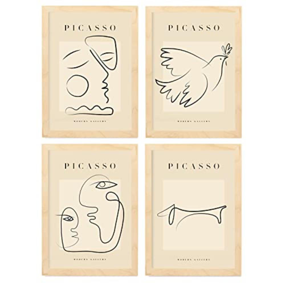 POSTER Set mit 4 Picasso Sammlung von Linienfrieden Ästhetische A4 Rahmen aus hellem Holz - Beige, Papier (29.7/3cm) - Nacnic
