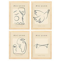 POSTER Set mit 4 Picasso Sammlung von Linienfrieden Ästhetische A4 Rahmen aus hellem Holz - Beige, Papier (29.7/3cm) - Nacnic