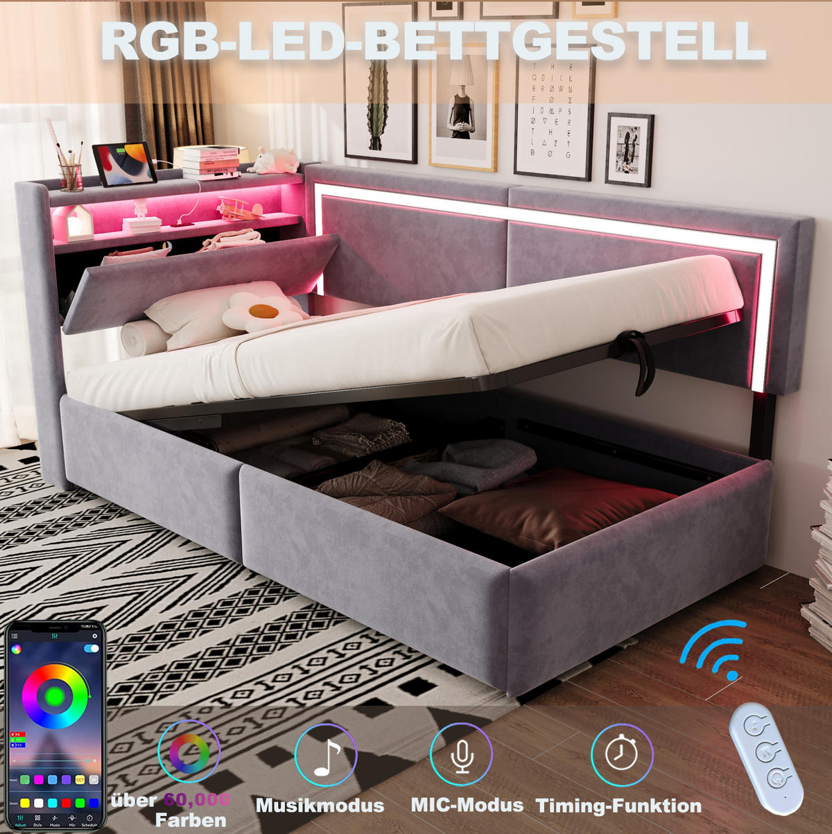 POLSTERBETT 90/200 cm Hellgrau aus Samt mit Stauraum und LED-Beleuchtung - Hellgrau, Textil (90/200cm) - OKMYHOME