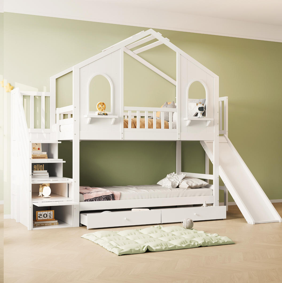 HAUSBETT 90/200 cm Weiß mit Rutsche und Aufbewahrungsleiter - Weiß, Holzwerkstoff (90/200cm) - Flora Grace