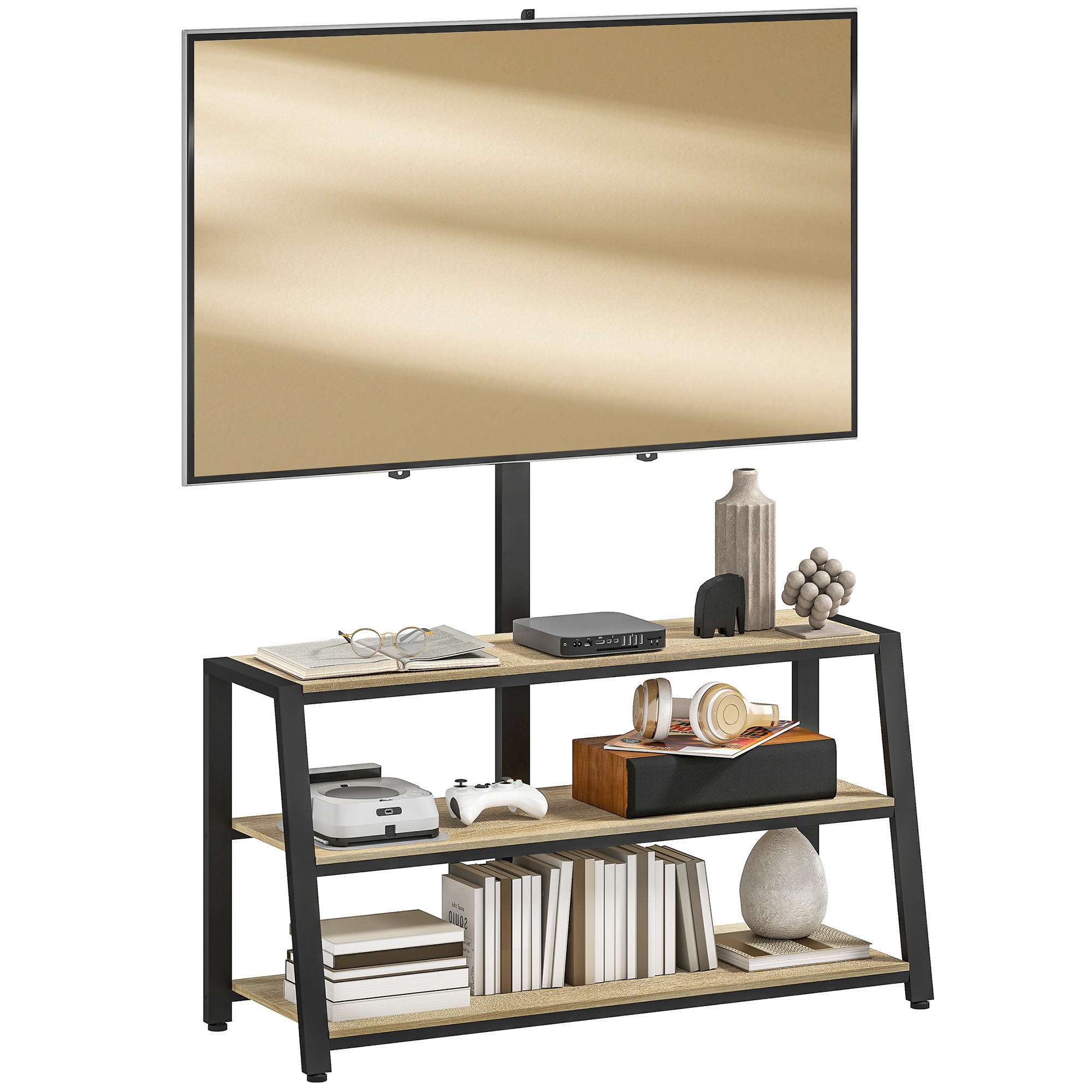 TV-SCHRANK Natur/Schwarz 108/41/135 cm, Schwenkbare Halterung, Offene Fächer, Holzoptik - Naturfarben, Holzwerkstoff (108/135/41cm) - PANGIVO