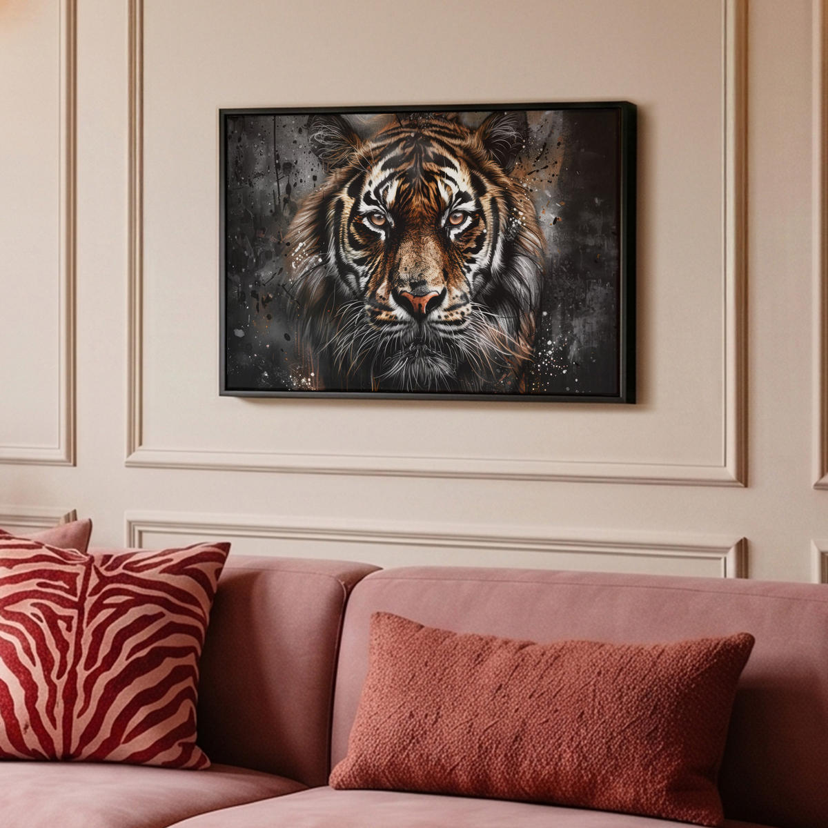 LEINWAND Bilder mit Rahmen - Tiger - Tiere - Porträt - Luxus - Schwarz - 60x40 - Braun, Textil (60/40cm) - MuchoWow