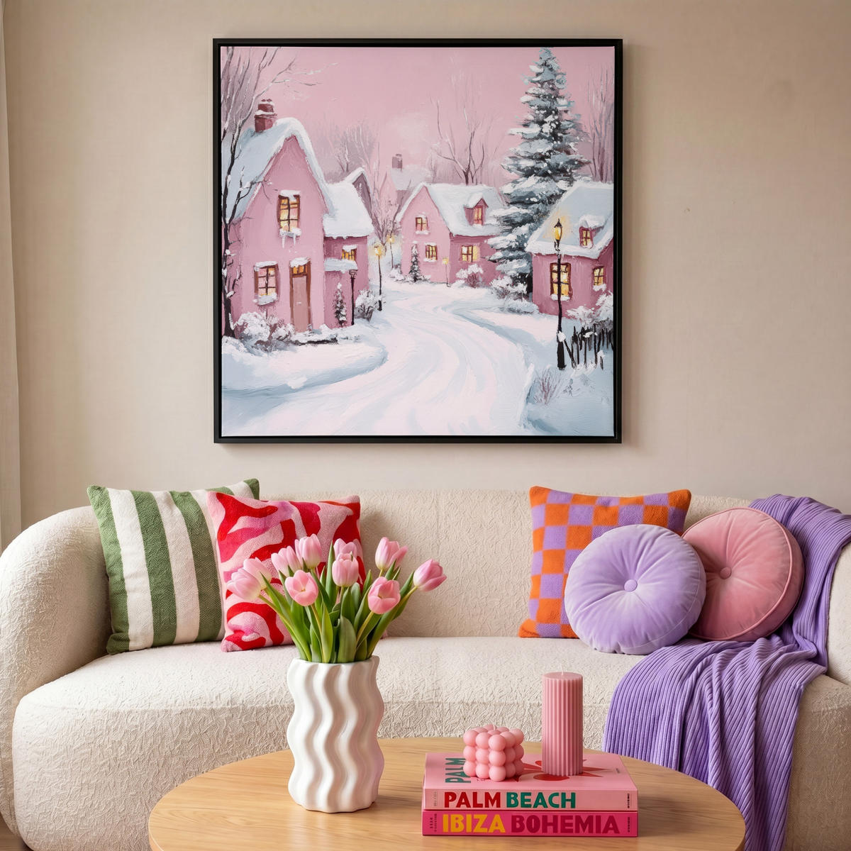 LEINWAND Bilder mit Rahmen - Weihnachtsdorf - Rosa - Winter - Schnee - Häuser - 90x90 - Altrosa, Textil (90/90cm) - MuchoWow