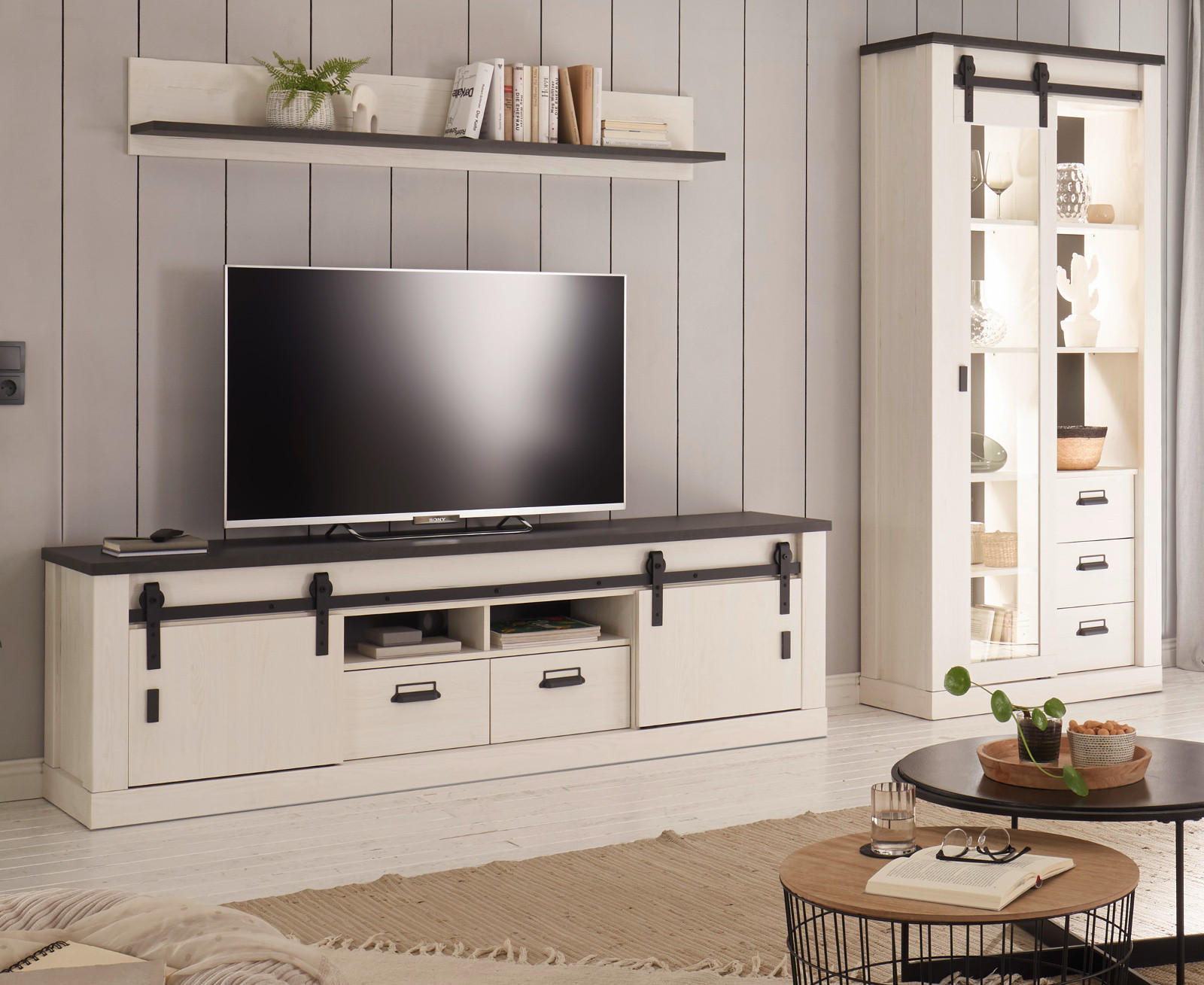 WOHNWAND weiß Pinie, anthrazit Landhaus, Wohnkombination 3-teilig 314 cm - Anthrazit/Weiß, Holzwerkstoff/Metall (314/201/43cm) - Furn.Design