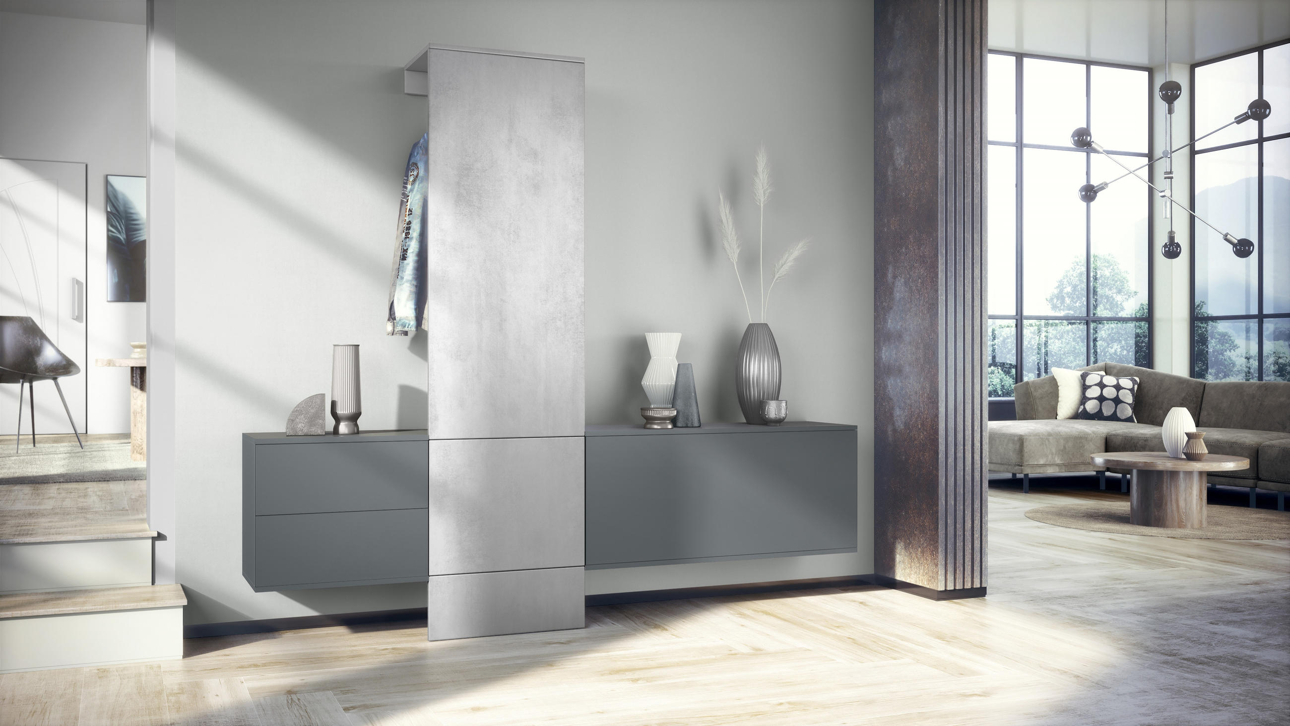 GARDEROBE Carlton Paneel in Beton Oxid Optik - Hellgrau, Holzwerkstoff (209/193/35cm) - Vladon