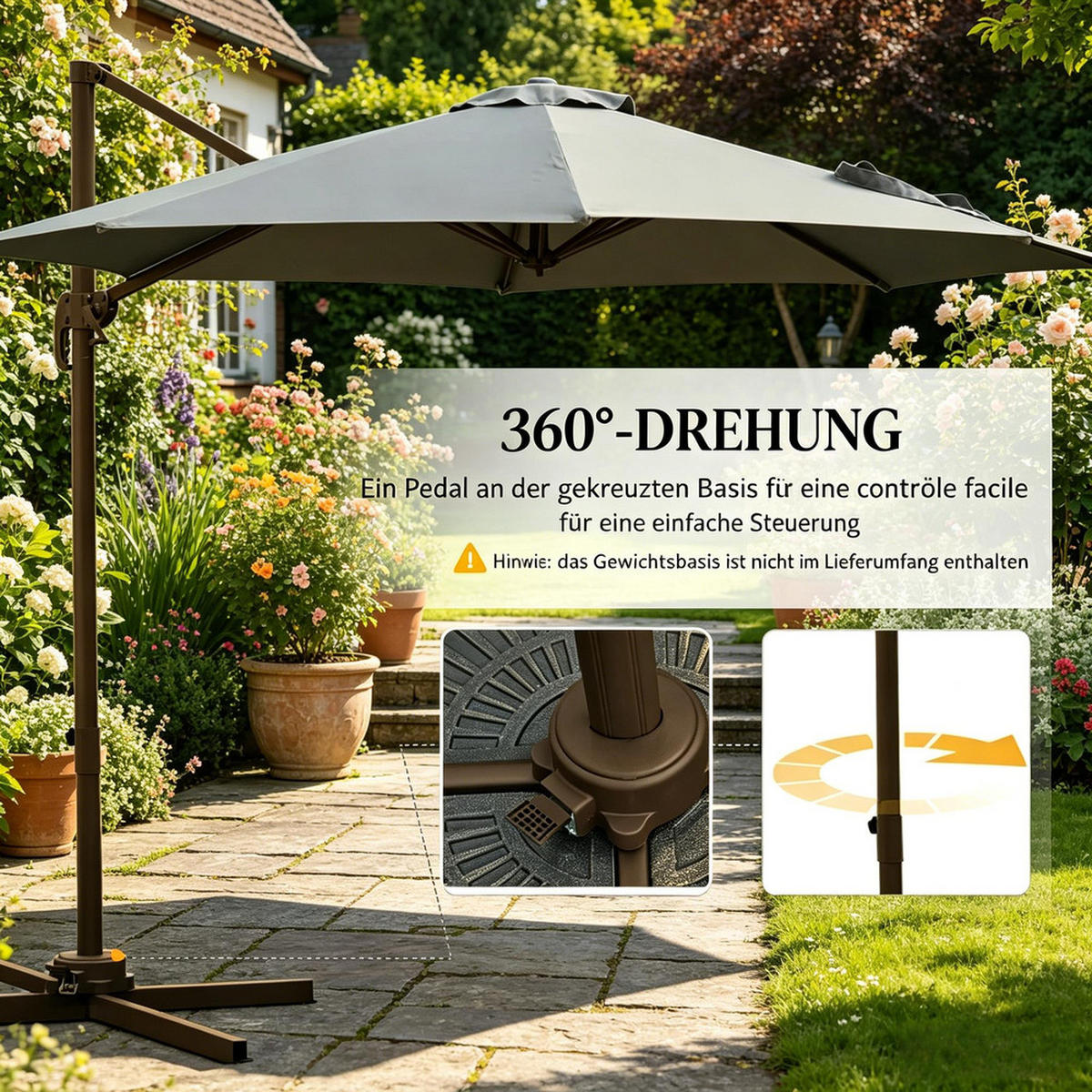 SONNENSCHIRM Aluminium2.95m Dunkelgrau 360° Drehbar - Dunkelgrau, Textil (295/295cm) - Raelunyi