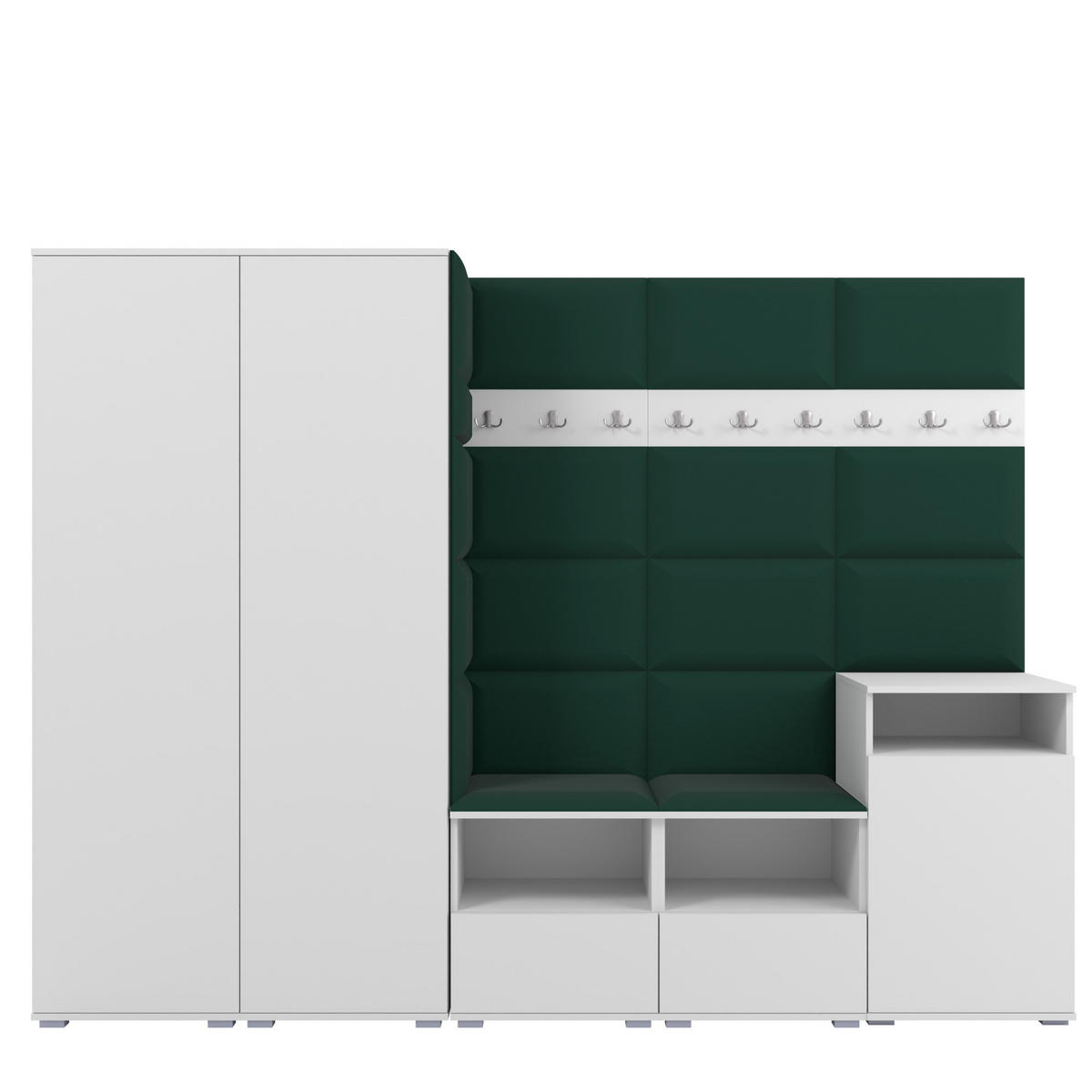 GARDEROBE NELA VIII 250 cm (Modulare Flurmöbel Weiß mit Sitzpolster Flaschengrün 28 2 Schränke + Sideboard) - Dunkelgrün/Silberfarben, Holz/Holzwerkstoff (250/187/40cm) - Ravio
