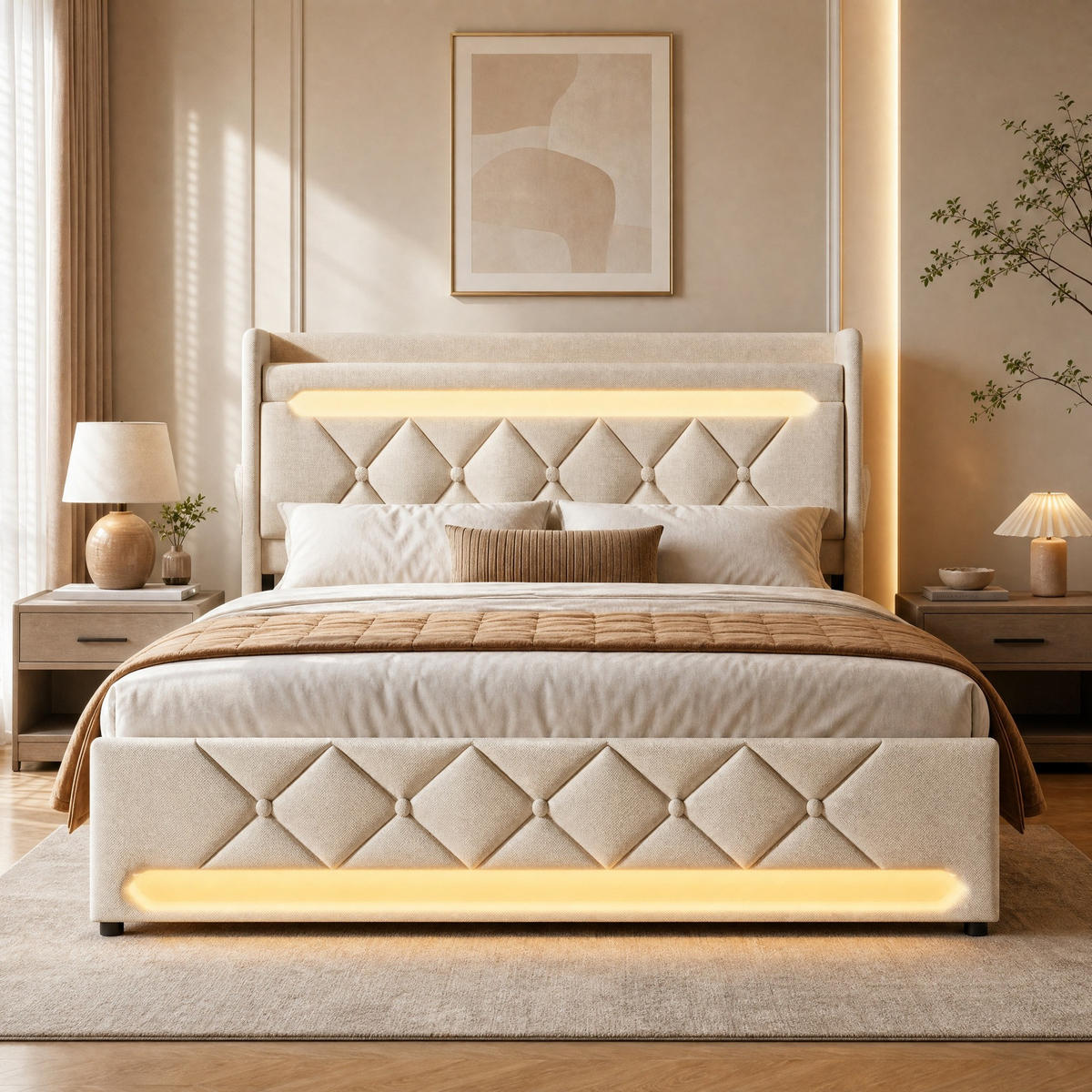 POLSTERBETT 160/200 mit Bettkasten, LED, USB/Typ-C und 360°-Beleuchtung in Beige - Beige, Holzwerkstoff/Textil (160/200cm) - EVRYAE