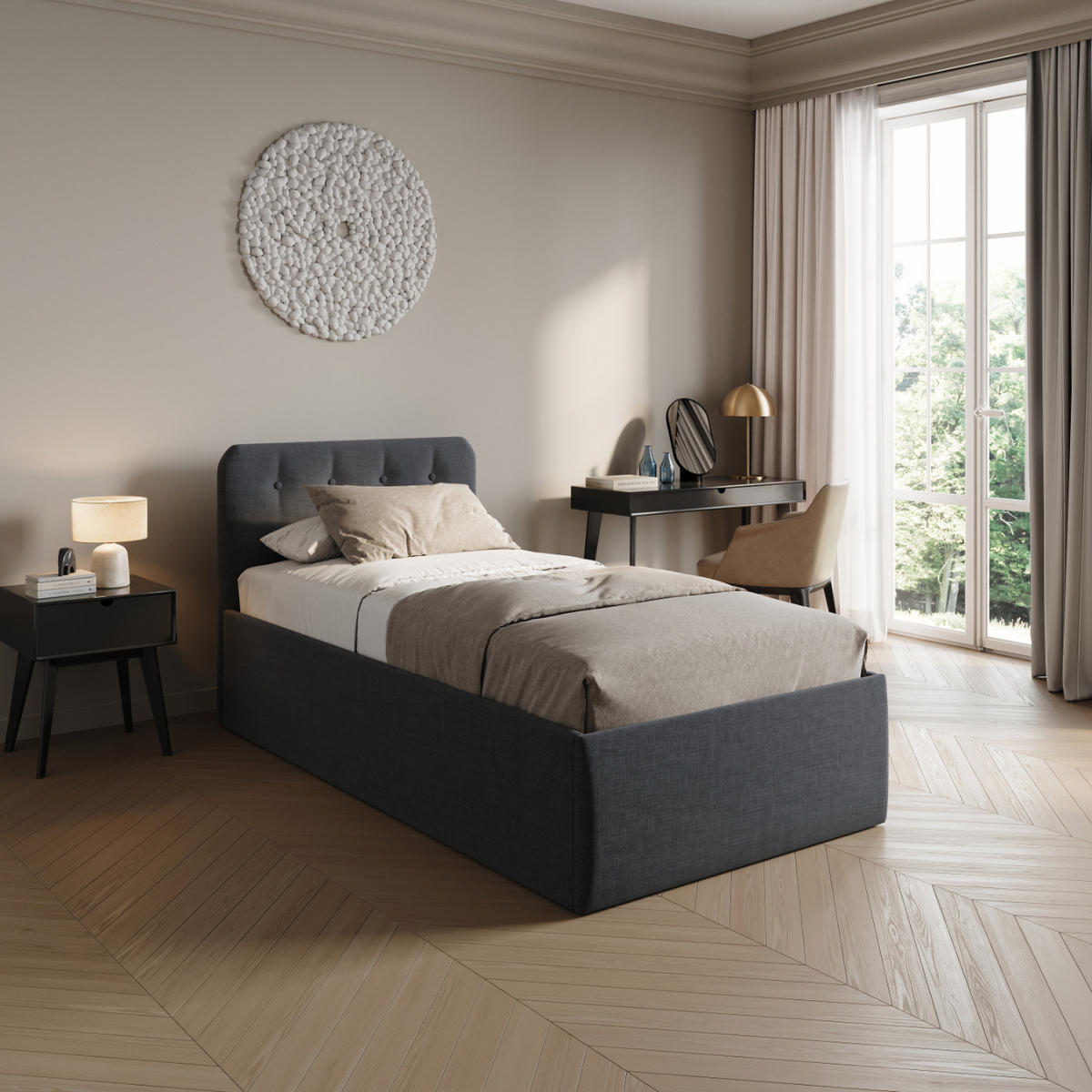 POLSTERBETT mit verstellbarem Lattenrost & Bettkasten, Kaltschaummatratze, 100 x 200 cm in Anthrazit - Anthrazit, Holzwerkstoff/Textil (100/200cm) - Home Collective